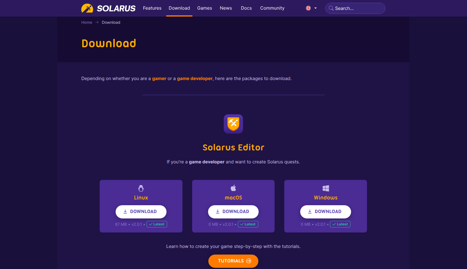 Download page of Solarus