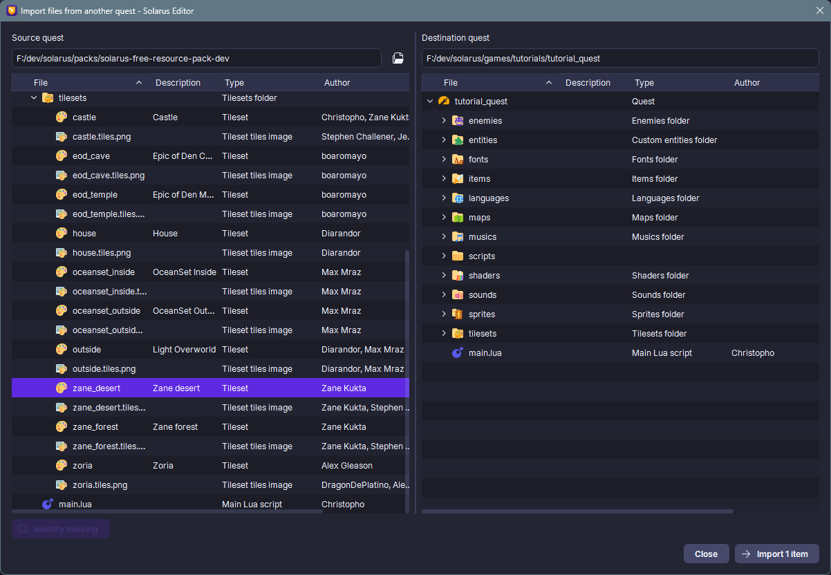 Import from a quest window